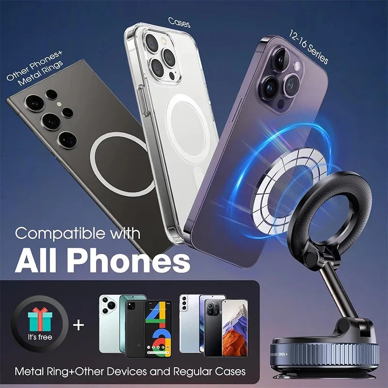 360° Magnetic Car Phone Mount – Strong Vacuum Suction Holder