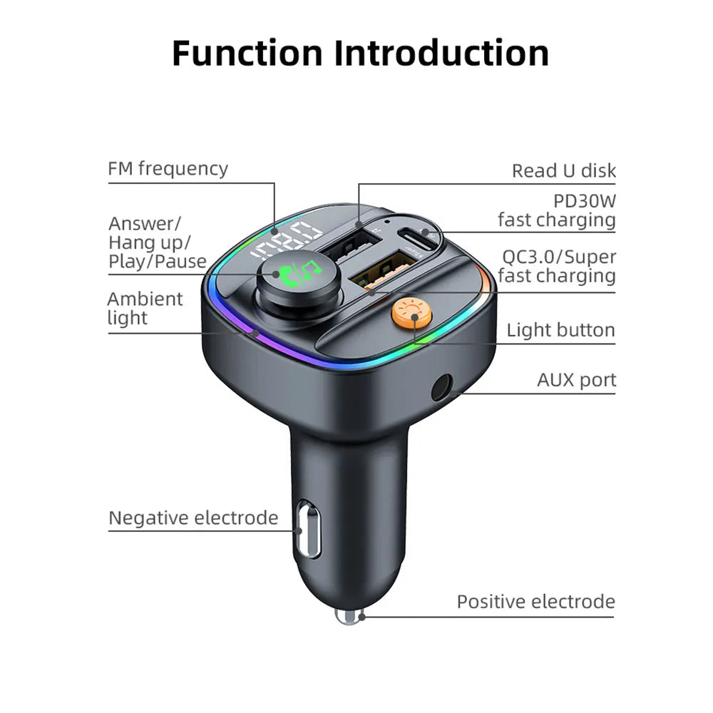 Bluetooth 5.4 FM Transmitter Handsfree Car AUX Radio Modulator MP3 Player with 22.5W & PD30W Fast Charge Adapter Car Accessories